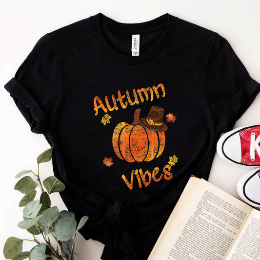 Fun Distressed Pumpkin Falling Leaves Autumn Vibes T-Shirt