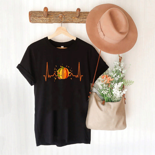 Hello Autumn Heartbeat For Women With Fall Leaves Pumpkin T-Shirt