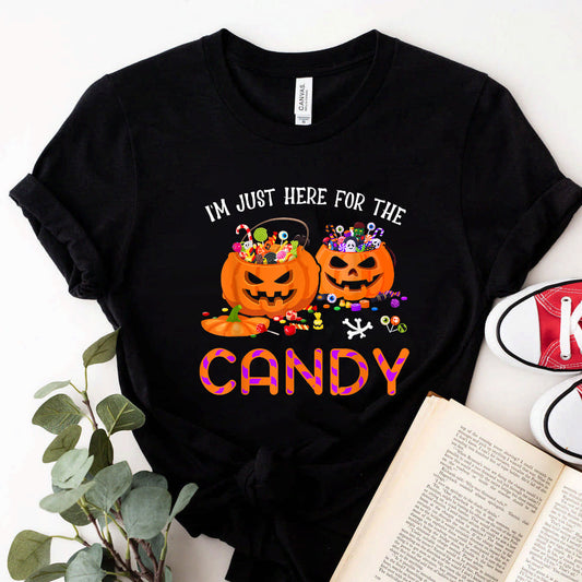 I'm Just Here For The Candy Two Scary Pumpkins Candy Basket T-Shirt #b0b5dg2gw3