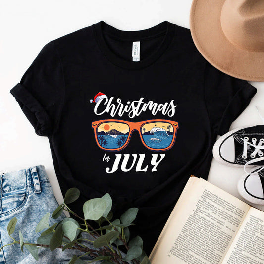 Retro Christmas In July Santa Hat Sunglasses Summer Vacation Premium T-Shirt #b0b1h72z6t