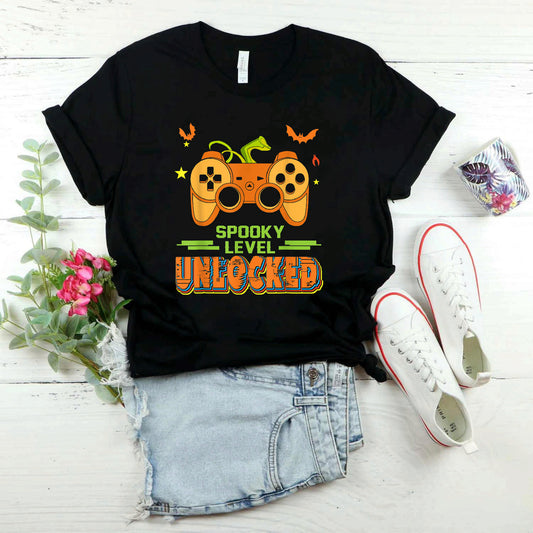 Spooky Level Unlocked Game Controllers Pumpkin Gamer Player T-Shirt #b0b57n2lvn