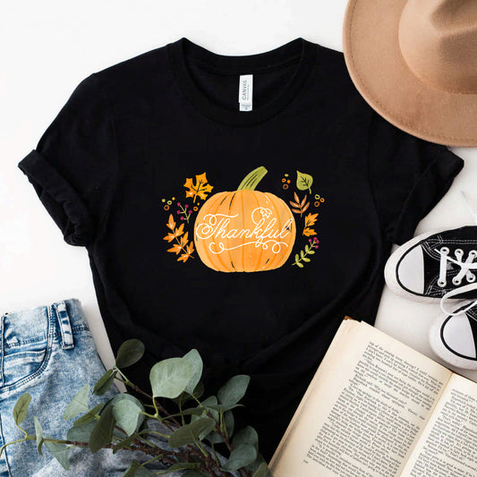 Thankful Pumpkin Fall Harvest Autumn Catholic Women T-Shirt