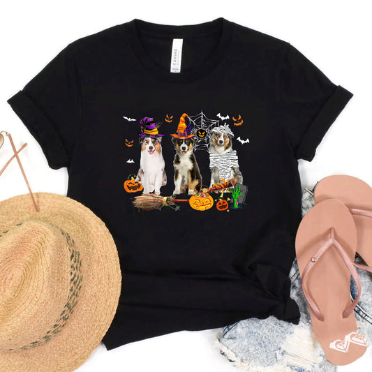 Three Australian Shepherd Dogs Mummy Witch Scary Pumpkins T-Shirt #b0b593v9wf