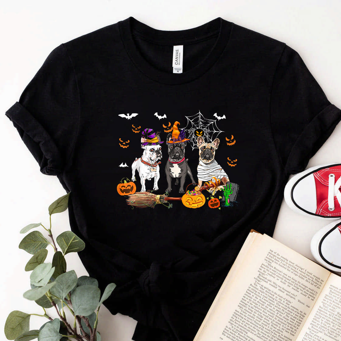 Three French Bulldog Dogs Mummy Witch Scary Pumpkins Kids T-Shirt #b0b59ckcpb