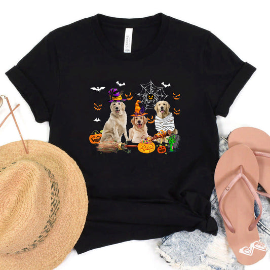 Three Golden Retriever Dogs Mummy Witch Scary Pumpkins Kids T-Shirt #b0b599ph1h