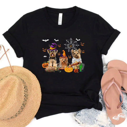 Three Yorkshire Terrier Dogs Mummy Witch Scary Pumpkins Kids T-Shirt #b0b59rn5jf