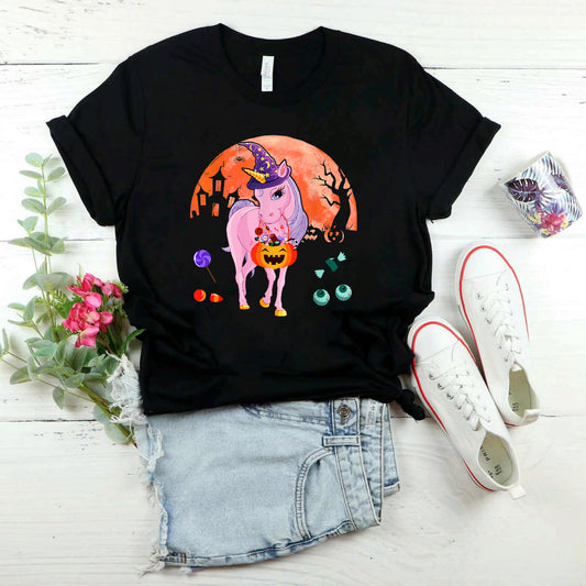 Unicorn Wearing Witch's Hat Pumpkins Candy Basket Kids Lover T-Shirt #b0b5dxygfn