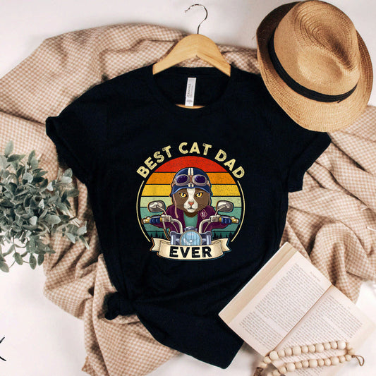 Vintage Best Cat Dad Ever Cat Riding Motorcycle Fathers Day T-Shirt #b0b3vdd5xg