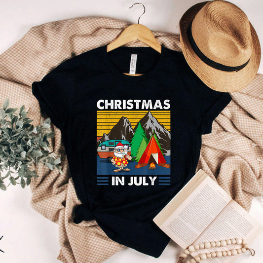 Vintage Santa With Camping Tent Fire Camp Christmas In July T-Shirt #b0b1973rz2
