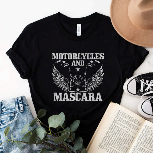 Womens Motorcycles And Mascara Biker Girl Funny Vintage Biker T-Shirt #b09jmbxmc7